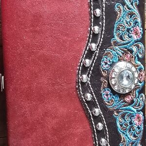 Country Road Maroon/Brown Clutch Wallet Faux Leather Rhinestone Embellishment